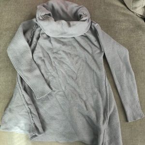 Cowl neck 1/4 length sleeve sweater in dusty blue.